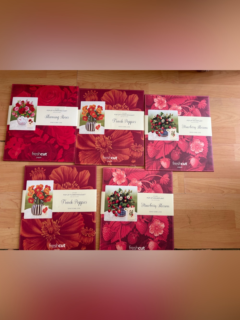 Lot of 5 FreshCut Paper 3D Pop-Up Flower Bouquets Roses Poppies Strawberries NEW